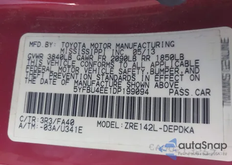 2013 Toyota Corolla L z USA, uszkodzony, nr VIN 5YFBU4EE1DP199094